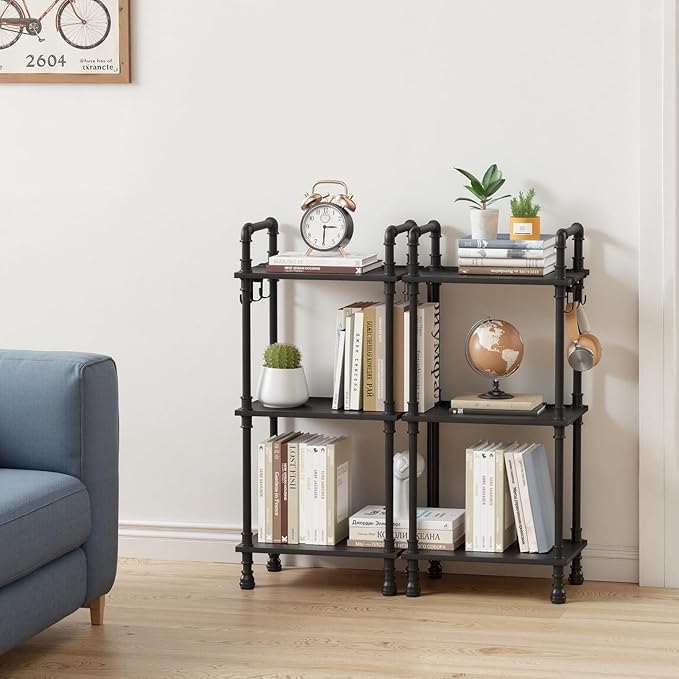 Aduanbang 4-Tier Industrial Pipe Ladder Shelf, Vintage Style Bookshelf, Freestanding Storage Rack Organizer for Living Room, Bedroom, Kitchen (Black(3-Tier))