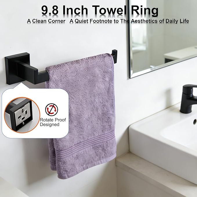 Bathroom Hardware Set 10 Piece Matte Black Bathroom Accessories Set SUS304 Towel Bar Set Includes 2 Towel Bar 24 Inch+2 Towel Holder+2 Toilet Paper Holder+4 Towel Hooks (10, Matte Black)