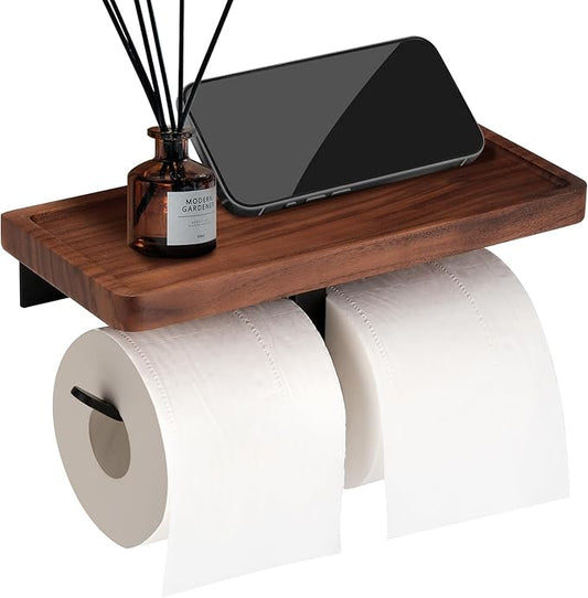 Double Toilet Paper Holder with Walnut Wood Shelf - Wall Mount & Self-Adhesive Bathroom Tissue Roll Holder, Black Stainless Steel with Walnut Shelf for Phone - Home Apartment Restroom