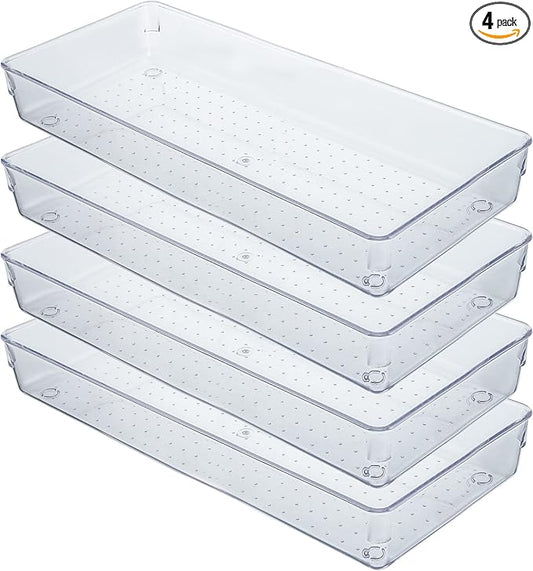 Kingrol 4 Pack Clear Drawer Organizer Trays, 15 x 6 x 2 Inch Desk Drawer Divider Storage Bins, Storage Box Set for Utensils Junks Vanities Makeups Jewelry Office Craft Supplies