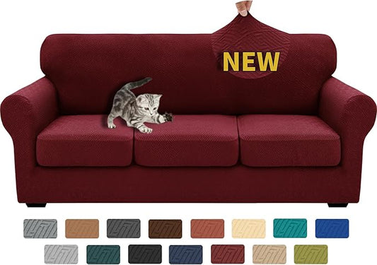XINEAGE 2025 New 4 Pieces Couch Covers for 3 Cushion Couch Super Stretch Thick Soft Sofa Cover Anti Slip Sofa Slipcover Dogs Cats Furniture Protector (Wine Red, 71"-91")