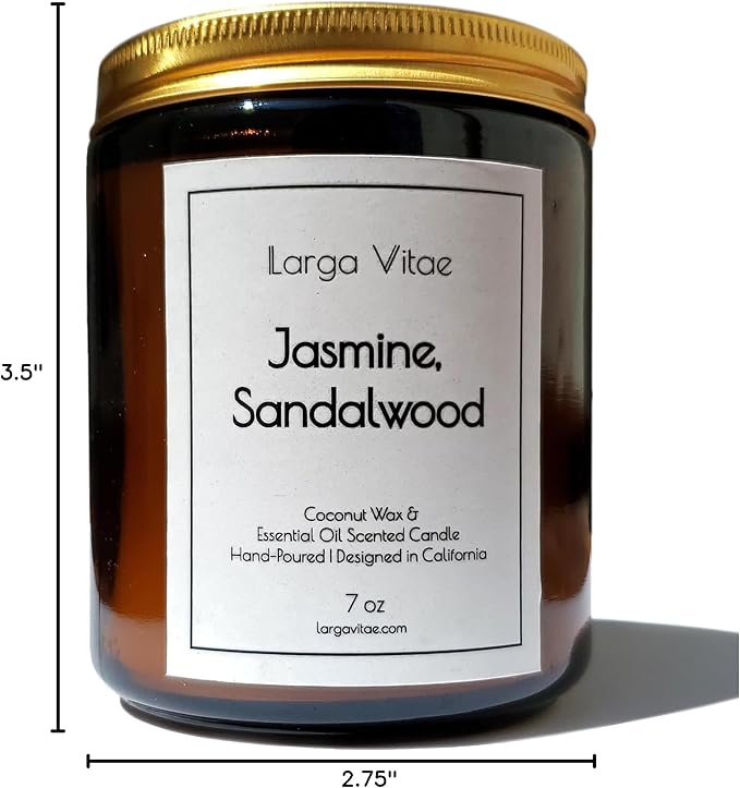 Jasmine, Sandalwood Coconut Wax Candle Non Toxic Aromatherapy Candle with Essential & Prime Rated Natural Fragrance Oils, Clean Burning Amber Jar Candle, 7 oz Small Batch