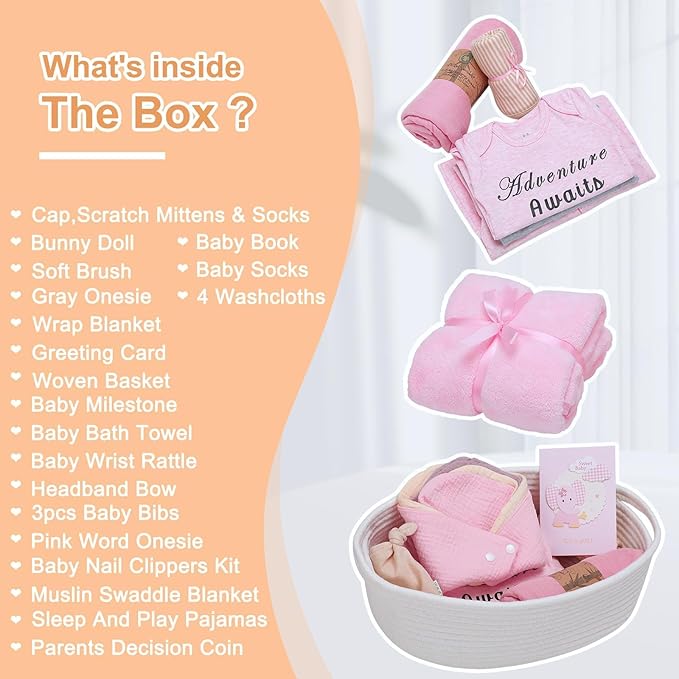 27-Piece Baby Girl Shower Gift Basket Set - Newborn Essentials, Large Pink Gift Basket With Rattle, Swaddle, Diaper Caddy Organizer