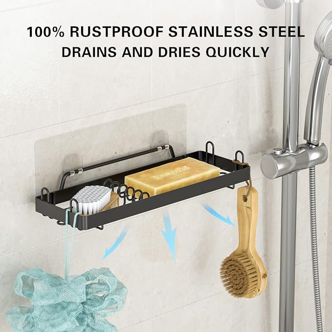 TOMIR Double Soap Dish with Hooks - Adhesive Shower Wall Mount Stainless Steel Soap Holder for Bathroom & Kitchen - Black