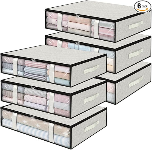 Under Bed Storage Bags 6 Pack, 40L Large Clothes & Comforter Storage Containers with Clear Window, Breathable Fabric Organizer for Blankets, Bedding, Seasonal Clothing, White