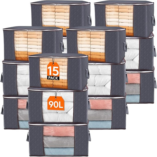 Lifewit 15 Pack 90L Clothes Storage Bins with Lids, Foldable Blanket Storage Bags with Zippers, Clear Window and Reinforced Handles, Closet and Organization for Clothing, Sweater, Comforter, Bedding