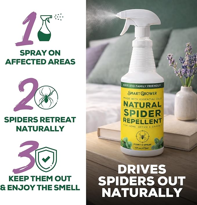 Natural Spider Repellent Spray – Indoor Spider Spray with Peppermint & Lavender, Family & Pet Friendly – Fresh Scent Spider Remover for Bedrooms, Bathrooms, Closets & Corners 16oz Ready to Use
