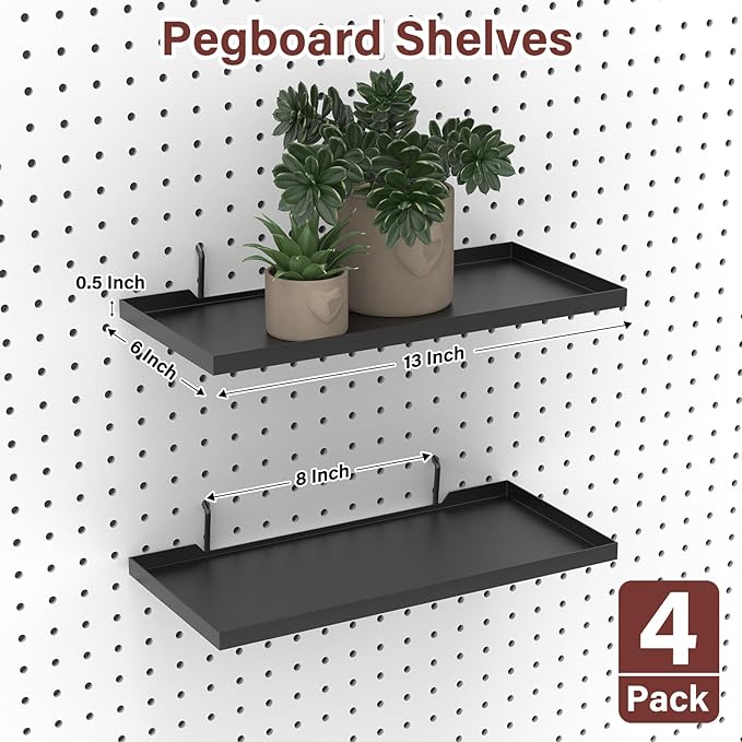 13X6 Inch Pegboard Shelves Set of 4, Metal Peg Board Shelves Accessories, Flat Display Shelves for Pegboard, Metal Retail Display for Storage and Organization, Black