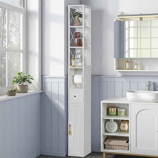 VECELO 67" Narrow Storage Cabinet, Tall Slim Corner Cabinet, Corner Storage with X-Shaped Metal Frame, Toilet Paper Holder, Magnetic Door, Ideal for Small Space, White