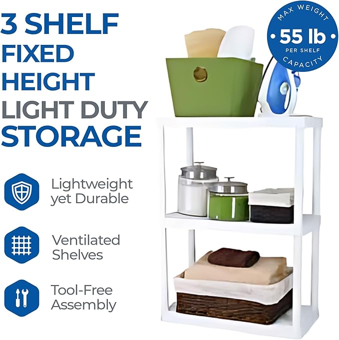 Gracious Living 3 Shelf Fixed Height Light Duty Storage Unit 12 x 24 x 33" Organizer System for Home, Garage, Basement, & Laundry, White (3 Pack)