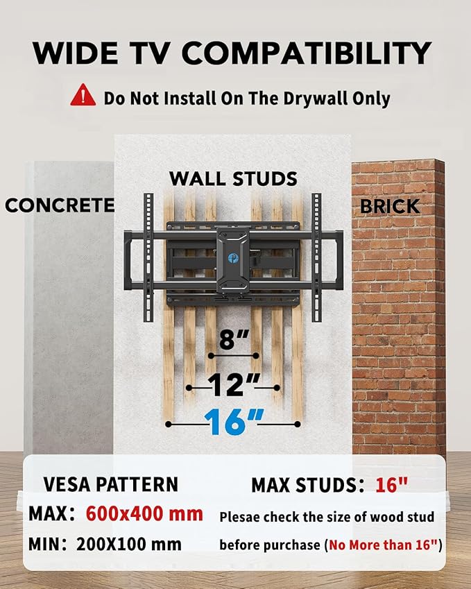 Pipishell Full Motion TV Wall Mount for 42-85 inch Flat Screen LED TV up to 132lbs Swivel Dual Articulating Arms Mount, Tool-Free Tilt Bracket Max VESA 600x400mm, Fits 8” 12” 16" Wood Studs