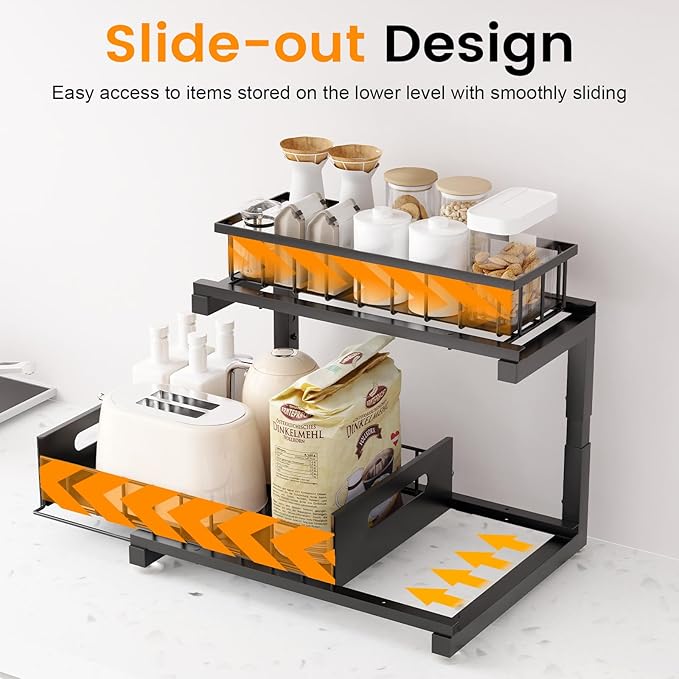 Under Sink Organizer, Heavy Duty Metal Slide Out Sink Shelf Organizer Height Adjustable, Multi-Purpose Storage Shelf for Kitchen Bathroom (Black,2Pack)