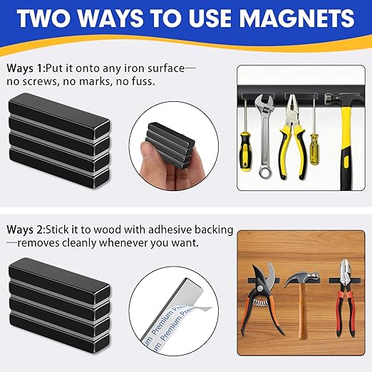 Grtard 24 Pack Neodymium Bar Magnets, Rare Earth Magnets Metal Neodymium Magnet with Double-Sided Adhesive for Fridge and Office Projects, 40x10x5mm(Black)