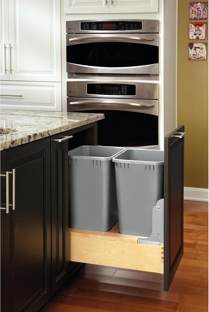 Rev-A-Shelf Double 50-Quart Pullout Under Cabinet Trash Cans with Soft Open & Close Slide System, Metallic Silver, Maple Wood Bottom 4WCBM-2150DM-2
