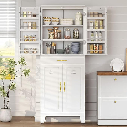 DWVO Metal Storage Cabinet, 71" Kitchen Pantry Cabinet with 4 Door & 4 Adjustable Shelves & Drawer & Door Rack, 6-Tier Tall White Steel Cabinets for Kitchen, Living Room, Dining Room