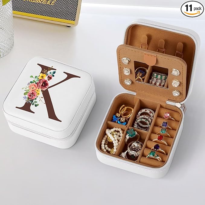 Parima Travel Jewelry Case Small Boxes - Portable Box Organizer Accessories Essentials for Vocation Birthday Gifts Women Mom Teen Girls Friends Female Monogrammed K, White