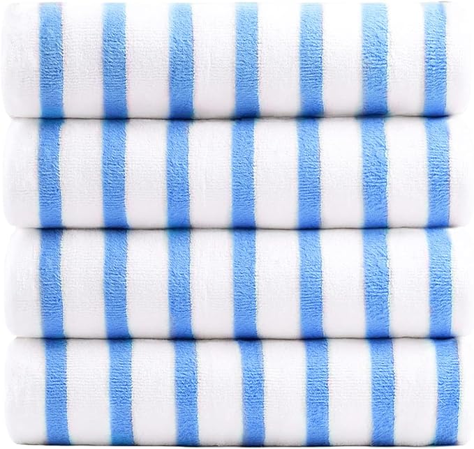 Beach Towels, Microfiber Bath Towel Set, Cabana Stripe, Absorbent, Quick Dry for Adult, Travel, Summer, Sport, Swimming, Pool, Yoga, Camping, 4 Pack, 30" x 60", StripeBlue