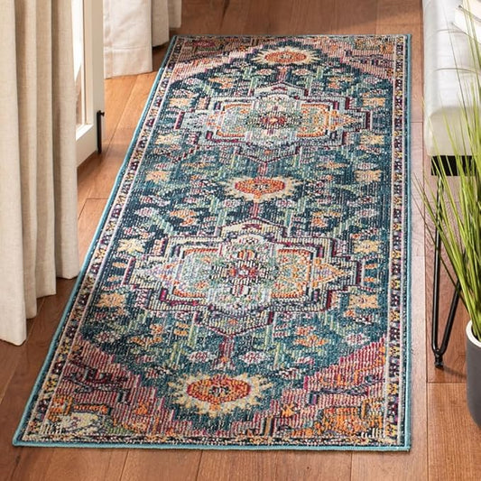 SAFAVIEH Crystal Collection Runner Rug - 2'2" x 7', Teal & Rose, Medallion Distressed Design, Non-Shedding & Easy Care, Ideal for High Traffic Areas in Living Room, Bedroom (CRS501T)