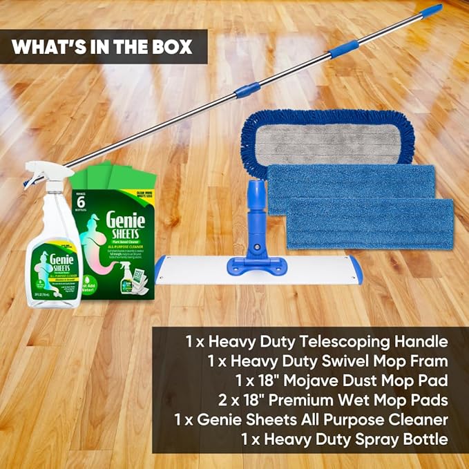 Professional Microfiber Mop System and Genie Sheets Concentrate All-Purpose Cleaner & Spray Bottle — Wet & Dry Mop Hardwood, Tile, Vinyl Plank, Concrete — Reusable Washable Pads — Telescoping Handle