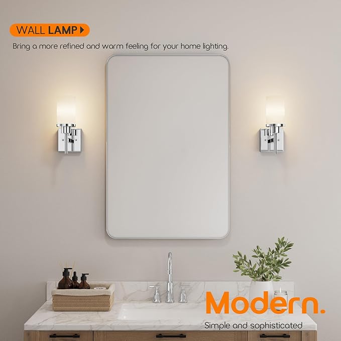 Vanity Lights Polished Chrome Bathroom Light Fixtures with White Frosted Glass Shade, Wall Sconces for Mirror Hallway Entrance, 2 Pack T001CH-L1-P2