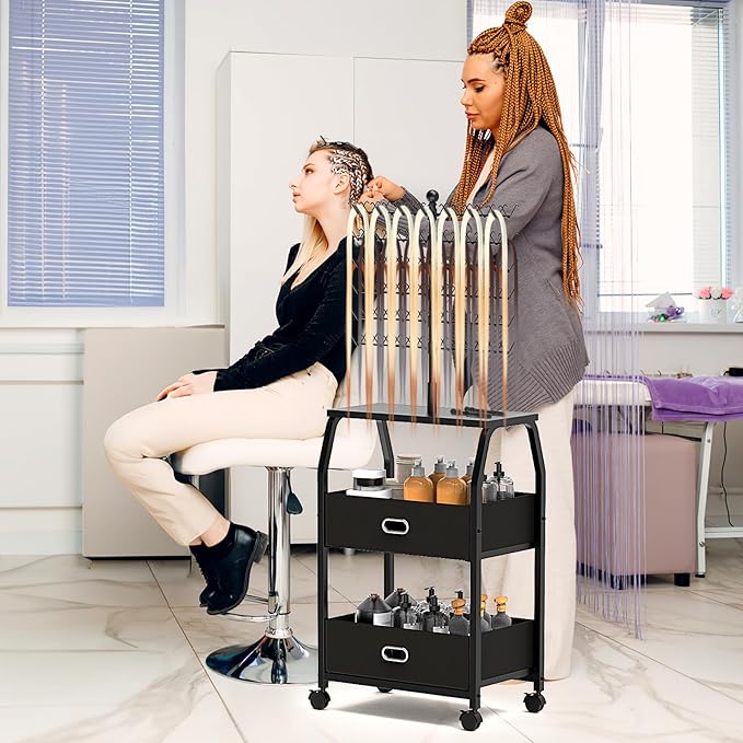 Portable Braiding Hair Rack With Wheels & Storage Drawers,168 Pegs Hair Extension Holder Hanger for Braiding Hair Separator Stand Display,Hair rack with stylist hair braiding tools(black)