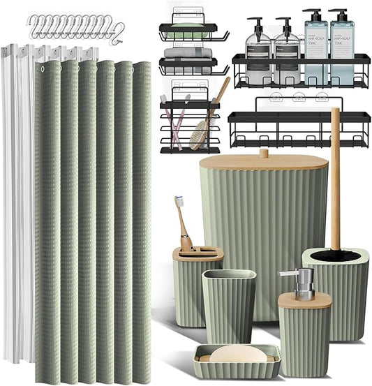 Clara Clark Bathroom Accessories Set - Bathroom Set with Adhesive Corner Shower Caddy Hanging, 25PC Bathroom Accessory Set, Sage Green Shower Curtain Set, Toilet Brush, Trash Can & Soap Dispenser