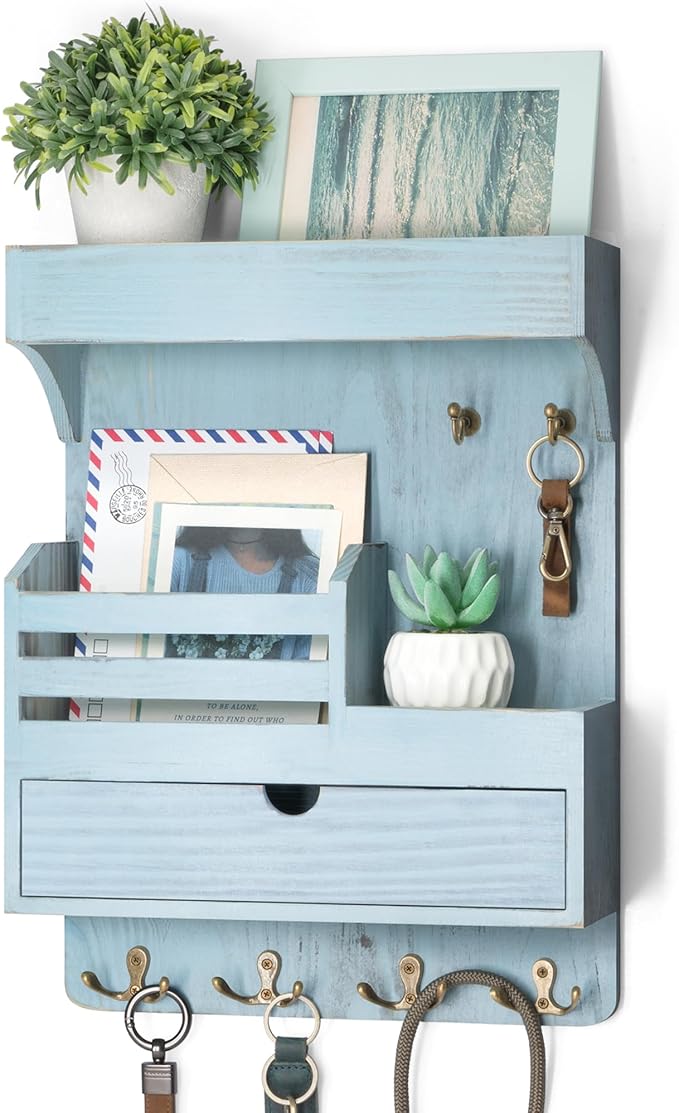 Rebee Vision Farmhouse Key Holder Wall Mount with Drawer Organizer – Pine Wooden Mail & Key Organizer with 6 Sturdy Hooks & Floating Shelf – A Perfect Touch of Style for Rustic Home Decor (Blue)