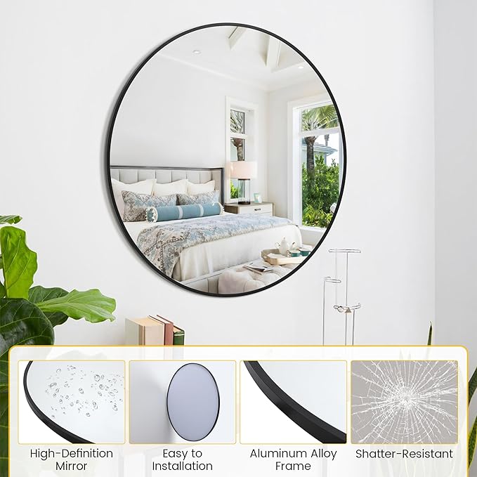 24 in Round Mirror for Wall, Black Metal Frame Circle Mirror, Round Bathroom Mirror for Wall Decor, Mirror for Entryway, Vanity, Bedroom, Easy to Install