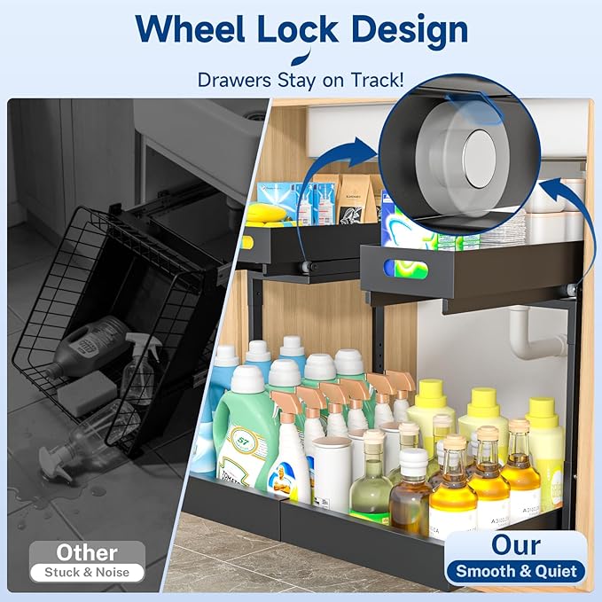 Insputer 2 Pack Under Sink Organizer Expandable Width 9.8"-15" & 2 Tier Under Sink Organizer with 3 Slide Rails, Under Cabinet Storage Expandable 15"-25"