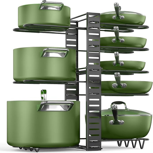 MUDEELA Pots and Pans Organizer Rack for under Cabinet, 8-Tiers Adjustable Pot Rack with 3 DIY Methods, Expandable 11.65'' to 19" Pot Lid Organizer for Kitchen Pantry Cabinet Organization and Storage