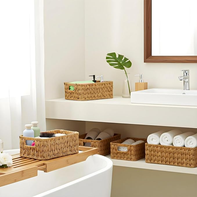 3 Pcs Plastic Water Hyacinth Wicker Baskets, 2 Sizes Large Rectangular Woven Storage Baskets with Handles for Home Organizing