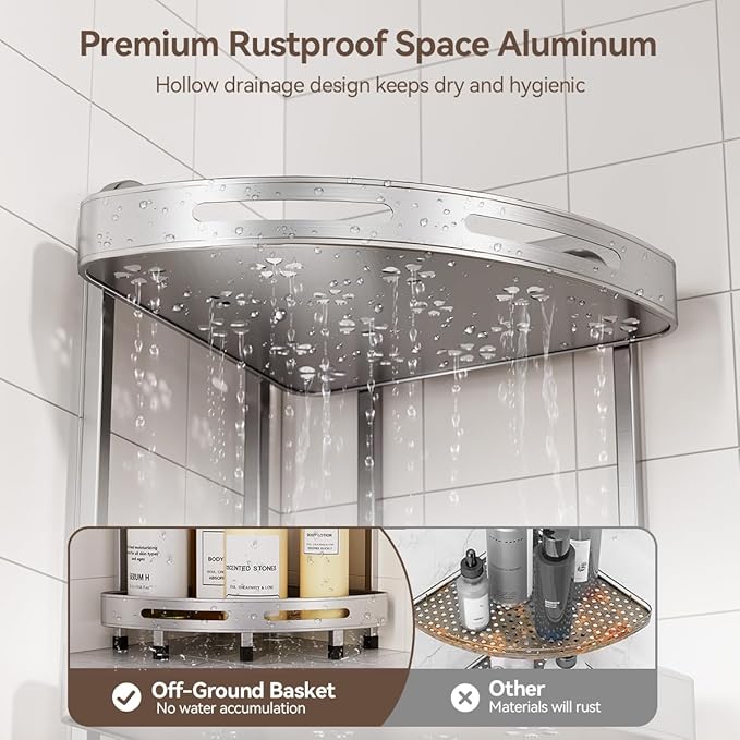 Corner Shower Caddy, 4 Tier Standing Shower Organizer with Soap Holder, Rustproof Stand Shower Shelves for Bathroom Shampoo Storage, Silver