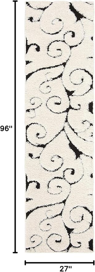 SAFAVIEH Florida Shag Collection Runner Rug - 2'3" x 8', Ivory & Black, Scroll Design, Non-Shedding & Easy to Clean, High-Low Plush Pile, Ideal for Bedroom, Foyer, Hallway (SG455-1290)