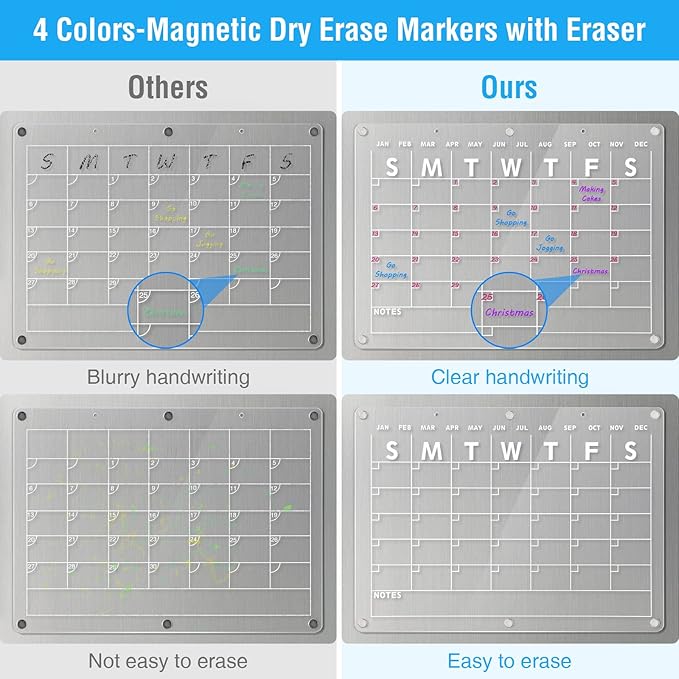 Acrylic Magnetic Dry Erase Board Calendar for Fridge, 16.5"x12" Inch Clear Dry Erase Calendar for Refrigerator, Magnetic Planning Calendars Includes 6 Colors Markers and Magnet Pen Holder