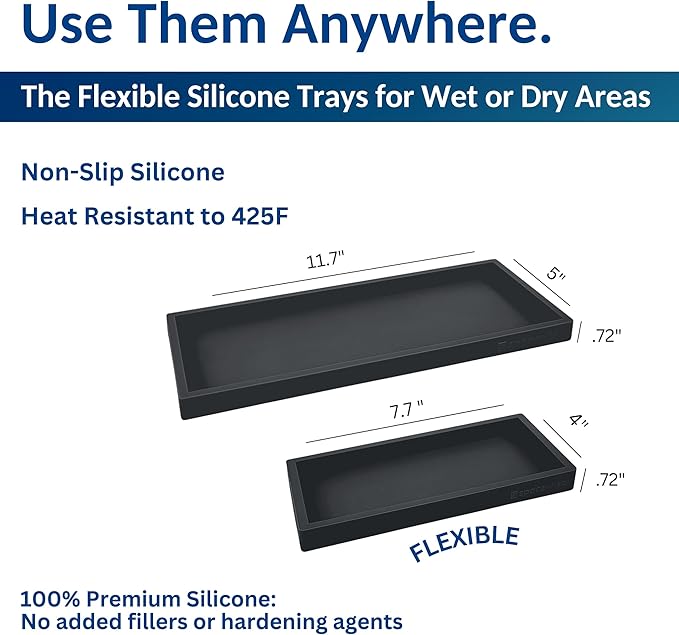 Countertop and Vanity Tray - 2 PC (11” and 7”) Shatterproof Silicone Kitchen and Bathroom Trays for Counter, Kitchen Soap Dispenser Tray, Vanity Trays for Bathroom, Perfume Key Tray
