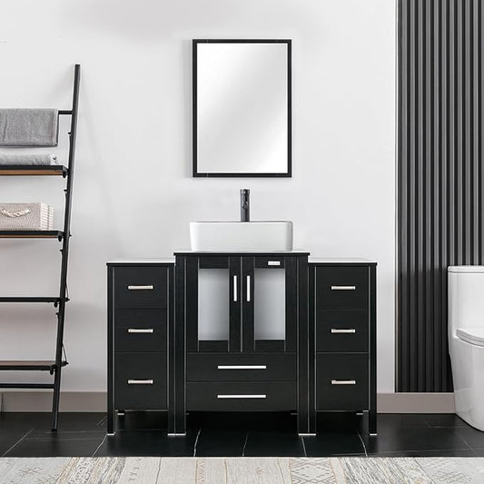 eclife 48" Modern Bathroom Vanity Sink Combo Freestanding Cabinet with Small Side Cabinet, White Black Ceramic Vessel Sink, Water Save Faucet, Drain (Black+T03BK)
