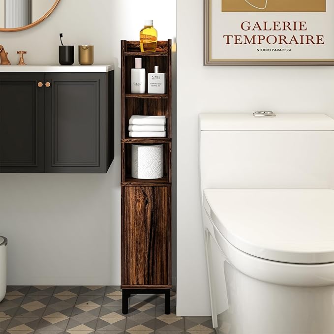 Small Bathroom Storage Cabinet, Corner Floor Cabinet with Door and Shelves, Narrow Toilet Paper Cabinet, Bathroom Organizer with Adjustable Shelf, for Small Spaces (Walnut, 5-Tier)
