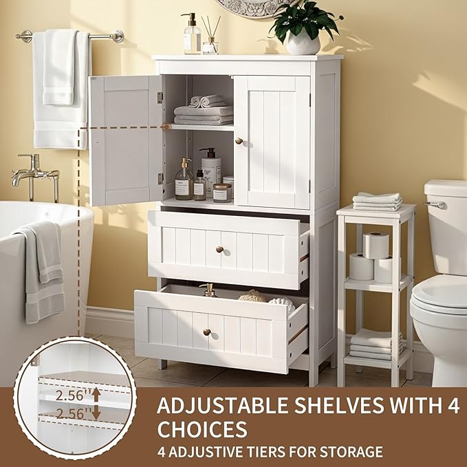 Karl home White Floor Storage Cabinet, Freestanding Storage Unit with 2 Drawers & 2 Doors, Thin Toilet Organizer for Small Spaces，for Entryway, Bathroom