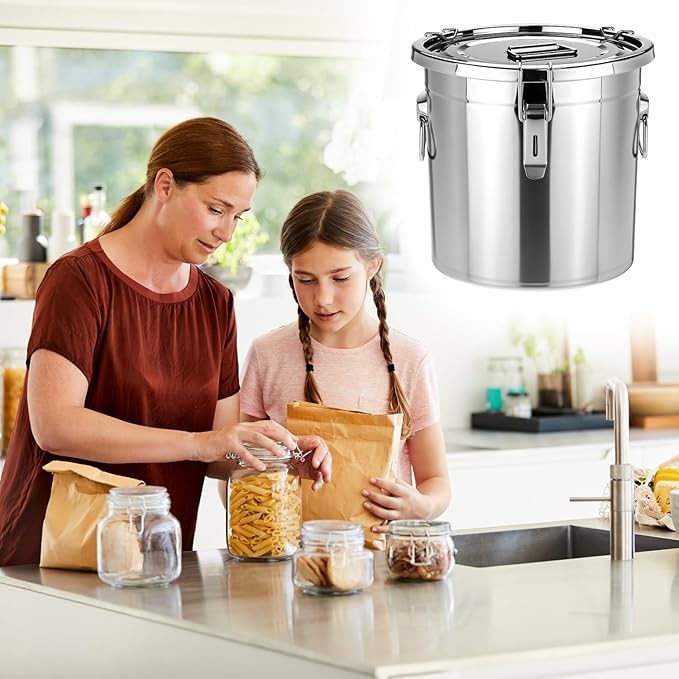QWORK 304 Stainless Steel Airtight Food Storage Containers with Locking Clips and Lids, 12L/3.17Gal Large Kitchen Canister for Rice, Flour, Sugar, Coffee, Grain