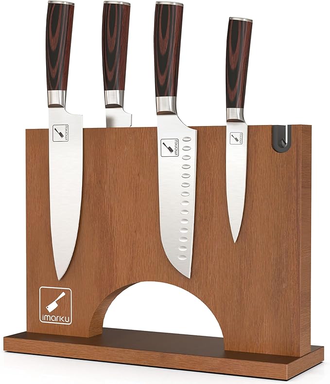 imarku Magnetic Knife Block Holder, Double Sided Kitchen Knife Holder for Counter Top, Universal Knife Block without Knives, Magnetic Knife Holder with Knife Sharpener, Best Gifts