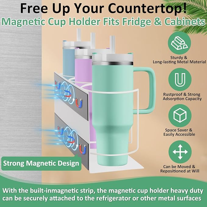 Magnetic Cup Holder for Fridge Water Bottle Organizer for Cabinet, 2Pcs Magnetic Cup Holder Heavy Duty with Tumbler Lid Organizer for 20oz 30oz 40oz Cup Accessories Storage (White)