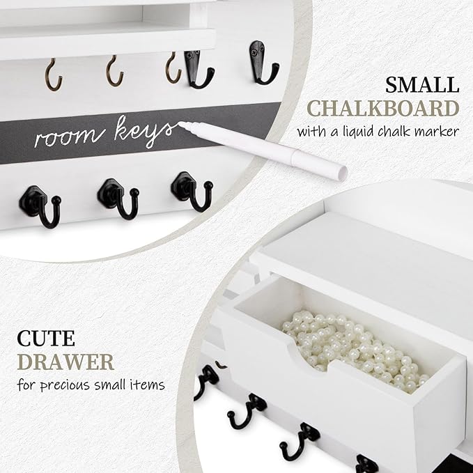 Nekon Key Holder Wall Mount, Rustic Mail and Keys Shelf for Wall Organization with 13 Hooks, Home Decor Accessory with Drawer, White