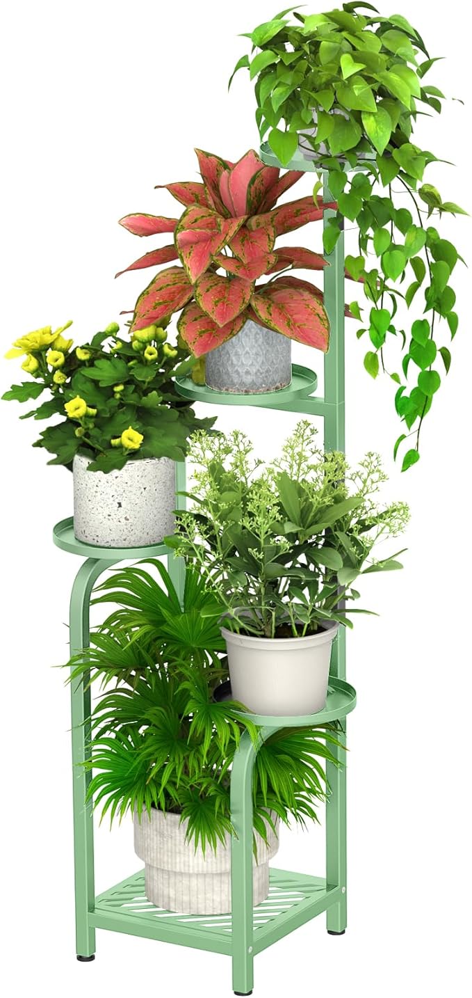 TOSKING 5 Tier Tall Plant Stand Indoor Outdoor, Heavy Duty Corner Shelf for Plants & Decor, Space Saving 3.9FT Metal Flower Pot Stand for Balcony, Garden, Living Room, Patio( Sage Green, 5Tier SQ Base)