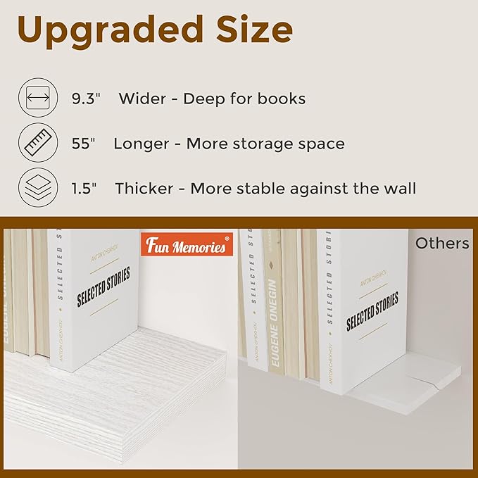 Fun Memories 55 Inch Floating Shelves for Wall, 55x9.3 Large Floating Shelf for Bedroom, Kitchen, Bathroom, Wall Mounted Rustic Wood Shelves with Invisible Bracket for Books, Decor, White