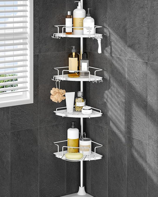 ALLZONE Corner Shower Caddy Tension Pole, 4 Repositionable Hang-On Baskets with Mixed-Height Shelves for Various Bottle Sizes, 4 Dual Hooks & Soap Holder, Rustproof Stainless Steel, Fits 34–116 Inch