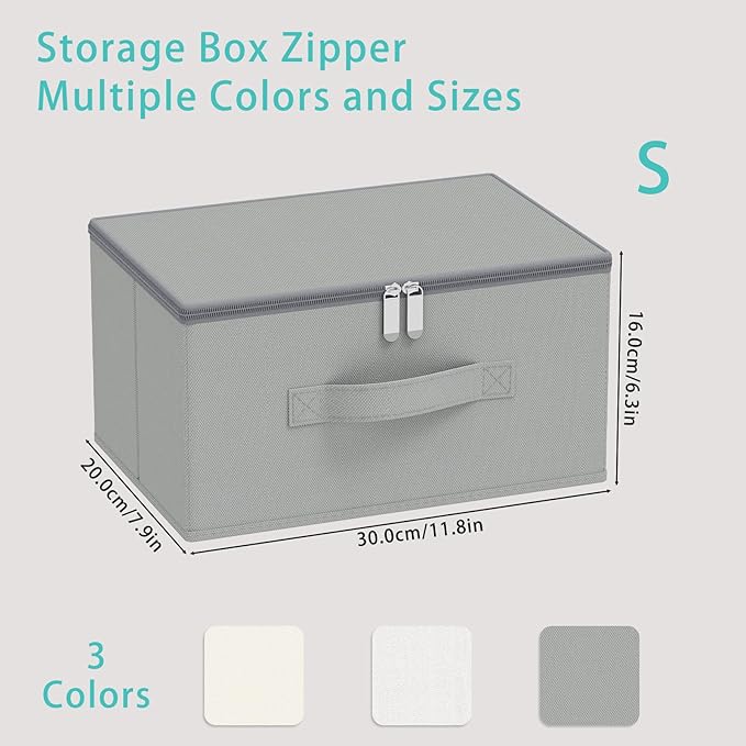 Storage Bins with Zipper, Cube Organizer Basket with Lid, Collapsible Stackable Closet Boxes, for Home and Bedroom, 4 Pack, Grey, 11.8 x 7.9 x 6.3 In, XSNY16GS-4