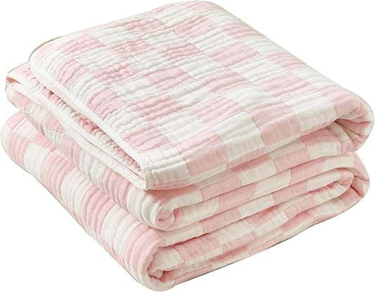 Muslin Blankets for Adults King Size 100% Cotton 6-Layer Gauze Pink Checkered Bed Blanket Lightweight Soft Breathable Christmas Blanket Gift for Women (Pink Checkerboard, King 90" X 104")