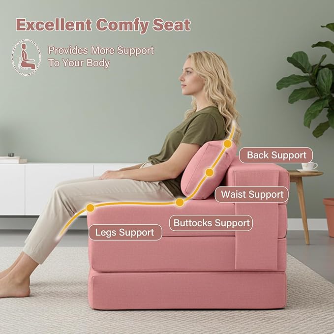 Tiita Folding Sofa Bed Chair, 4-Fold Convertible Sleeper Chair with Lumbar Pillow, Washable Cover & Side Pocket, Floor Couch Bed with Raised Seat, Single Size for Small Spaces, Pink