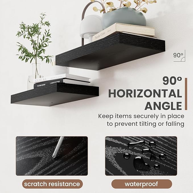 48 Inch Floating Shelves, 8 Inch Deep Floating Shelves for Wall, Hanging Shelf with Invisible Brackets, Deep Shelves for Bathroom, Bedroom, Living Room, Black, Set of 2