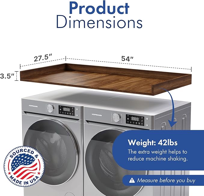 OfficeSimpli Washer Dryer Countertop, Made in USA, Non-Slip Pads, Laundry Room Wood Topper, Washer Dryer Cover for Top, Laundry Guard, Laundry Countertop (California Walnut, Standard (27.5" x 54"))